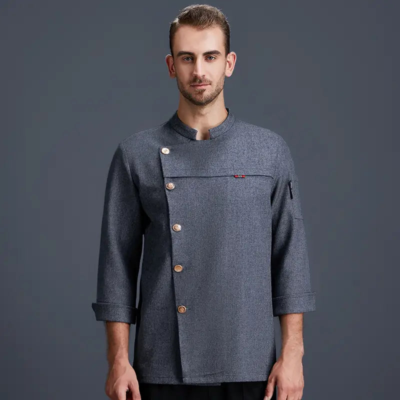 Grey Linen Chef Work Clothes Long Sleeve Men Hotel