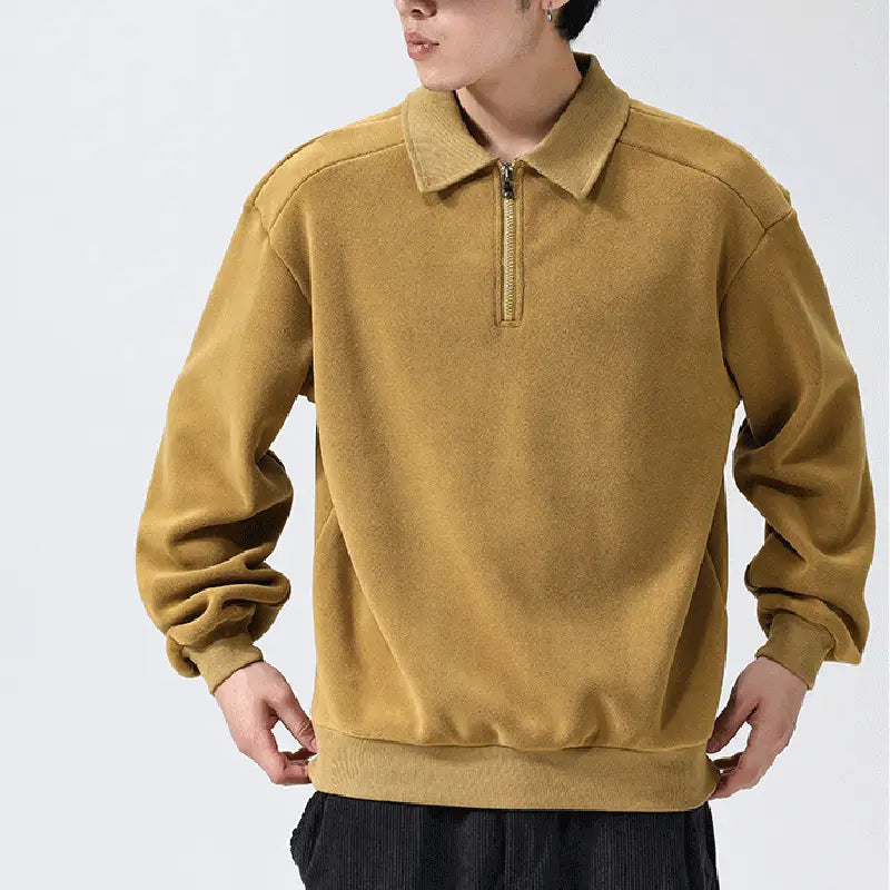 Fashion Lapel Half-zip Sweatshirt Winter Warm Fleece Long Sleeve Top Men’s Clothing