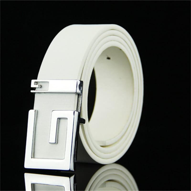 White belt with silver buckle from Men’s and Women’s Fashionable Smooth Buckle Belts.