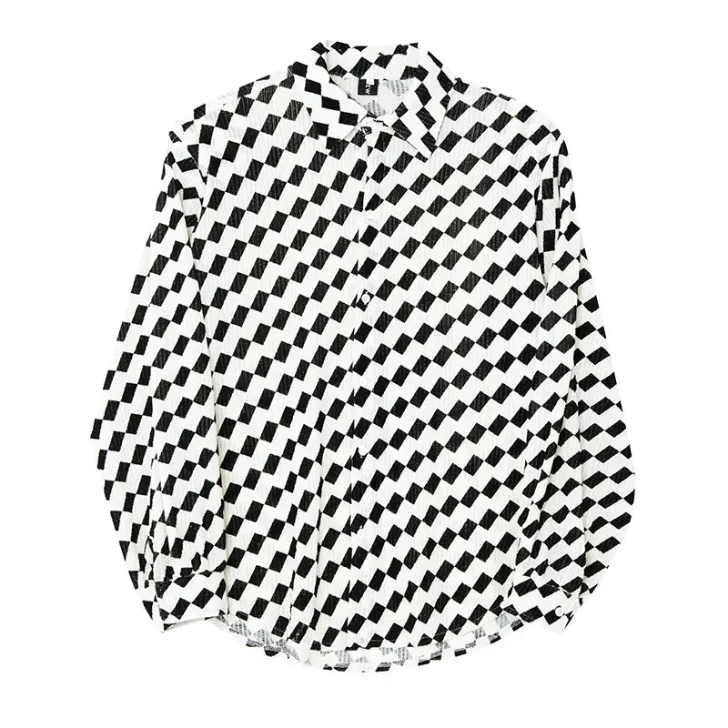 Black And White Collision Checkerboard Long-sleeved Shirt Men