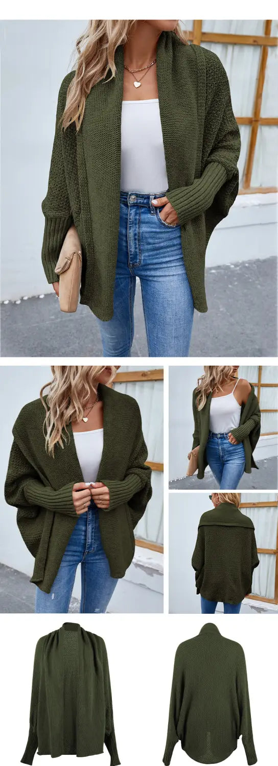 New Loose Knitted Sweater Solid Color Bat Sleeve Large Lapel Cardigan Autumn And Winter Fashion Jacket For Women