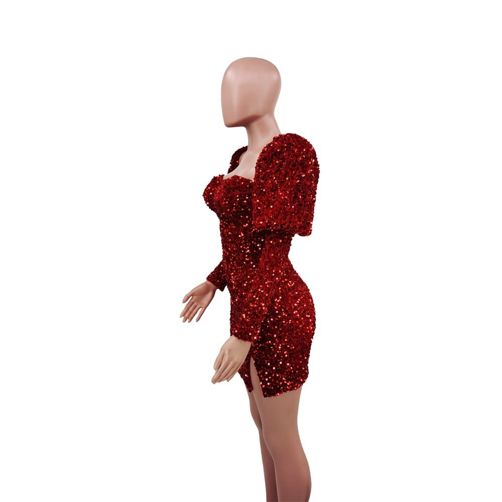 Sequin Backless Padded Shoulder Bubble Sleeve Party Dresses For Women