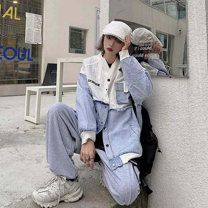 Stitching Denim Embroidered Letters Men’s And Women’s Jackets