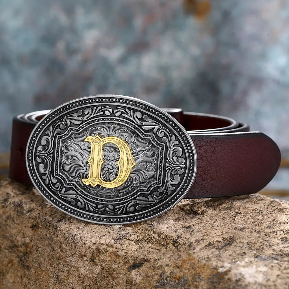 Leather belt featuring an ornate D buckle from Men’s and Women’s Floral Letter Buckle Belts.