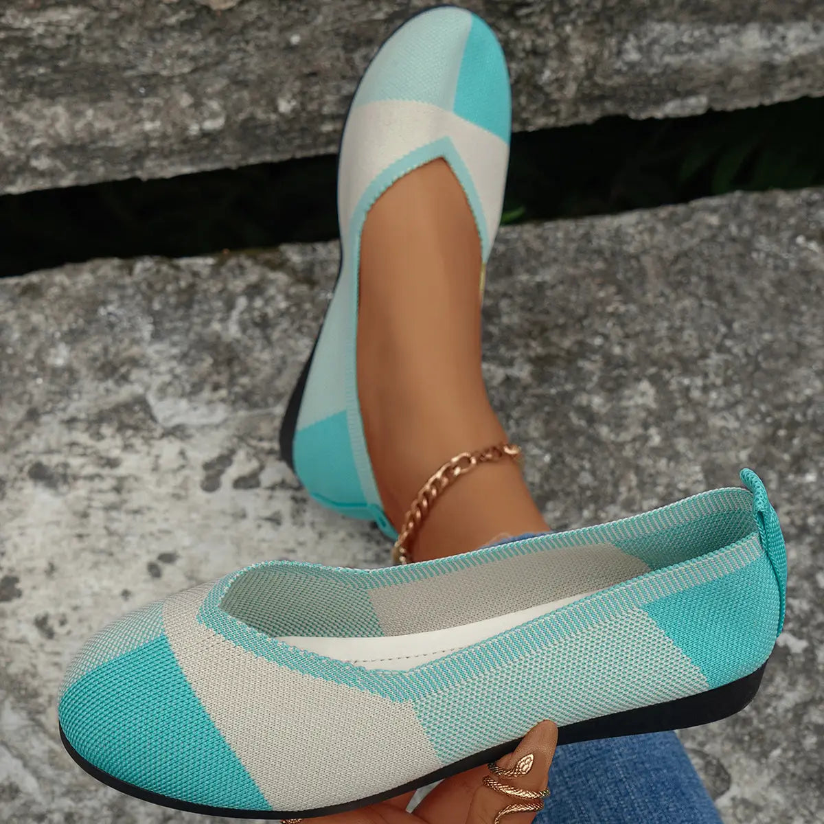 Fashion Colorblock Flats Shoes Flying Woven Breathable Cozy Loafers For Women