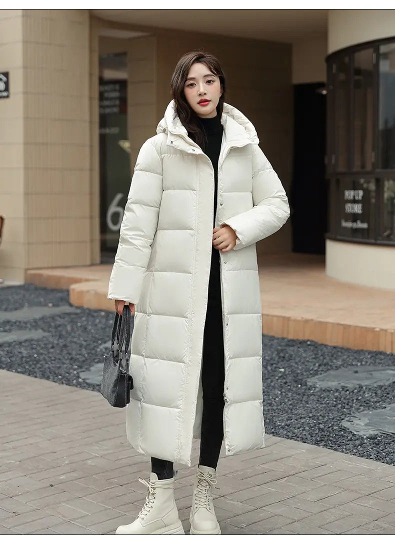 Women’s Super Long Down Jacket Winter Puffer Thick Coat Black Red Hooded Zipper Keep Warm Fall Winter Casual Clothes