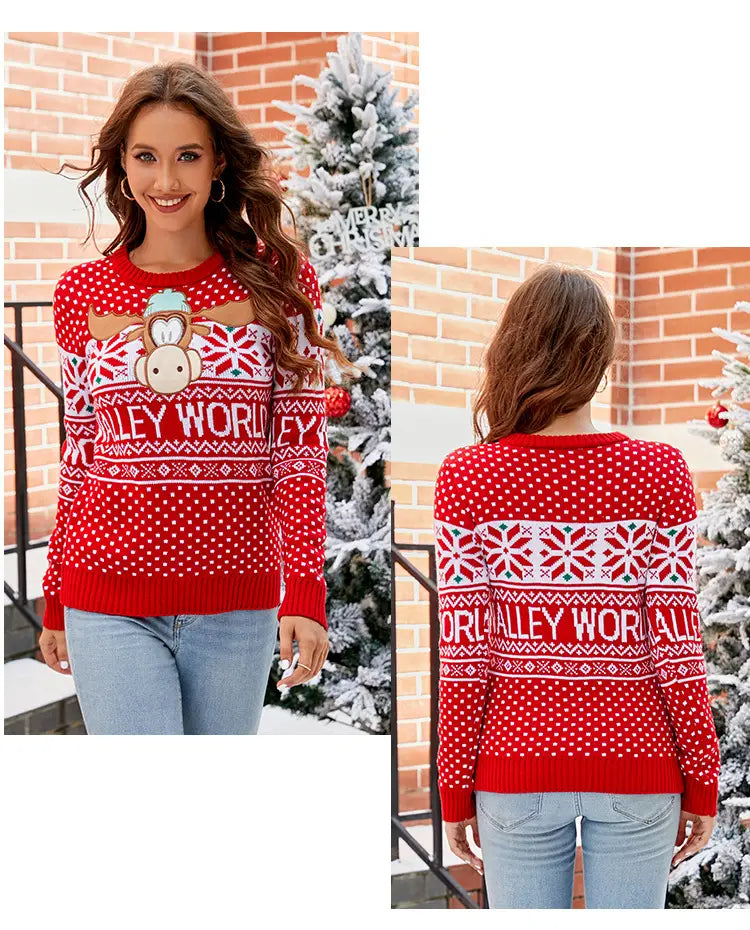 Women’s Christmas Sweater Reindeer Xmas Snowflake Christmas Tree Patterns Knitted Sweater Long Sleeve Elk Letter