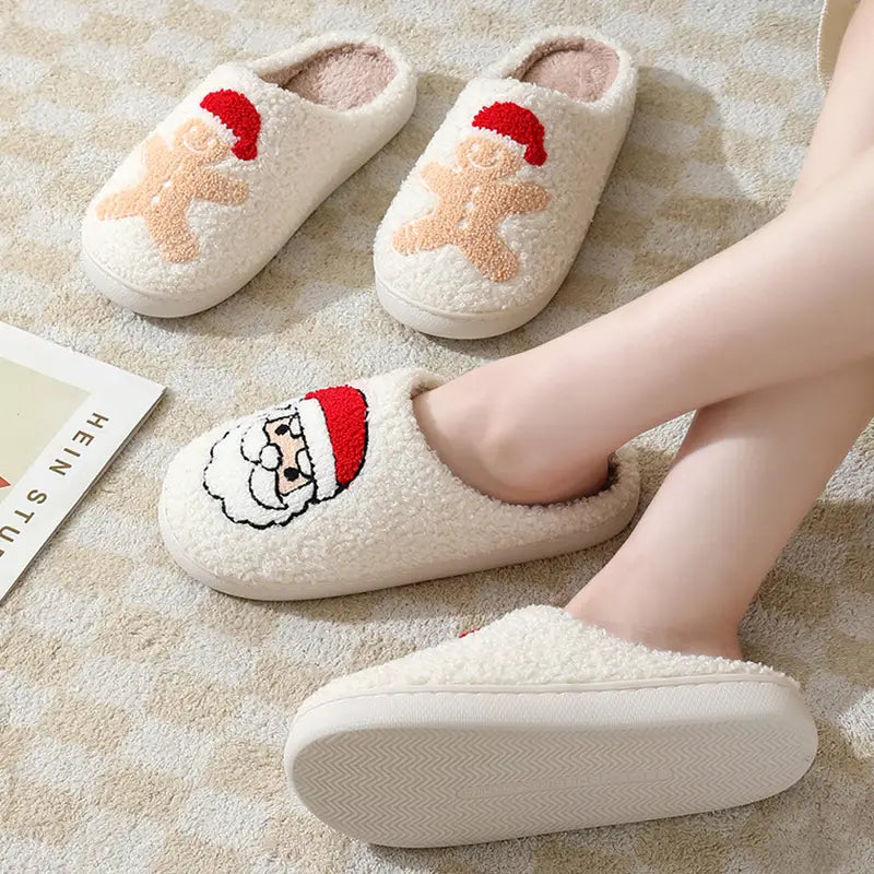 Christmas Home Slippers Cute Cartoon Santa Claus Cotton Slippers For Women And Men Couples Winter Warm Furry Shoes