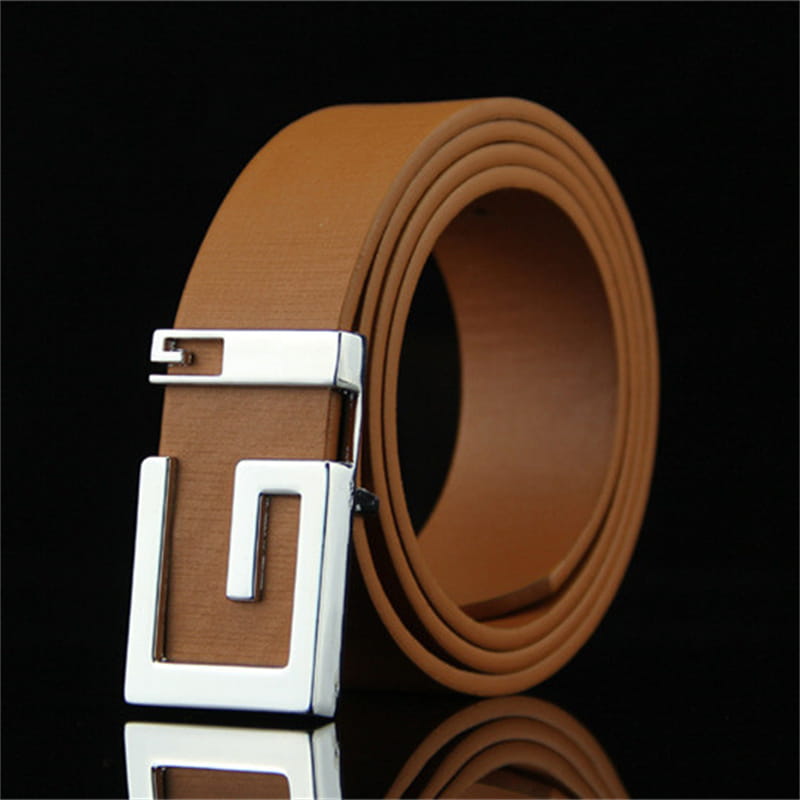 Tan leather belt with silver buckle in fashionable and simple design for all genders.