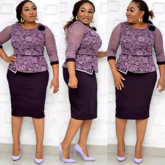African Women High Quality Lace Party Dress - Purple / XL