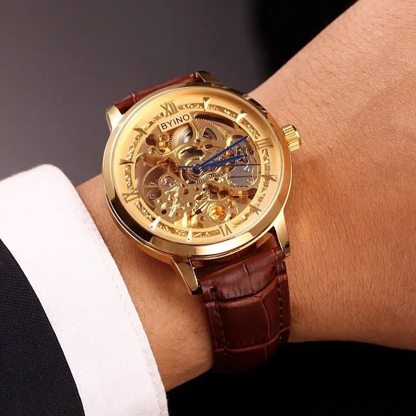 Authentic Mens Casual Leather Hollowing Automatic Mechanical Watches Through The End Of The Golden Youth Men's Wholesale Waterproof - Beyond Trends Hub 