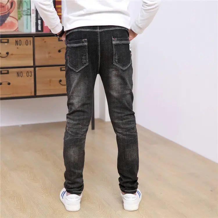 Autumn And Winter Black Slim-Fit And Warm Middle-Aged Children’s Trousers