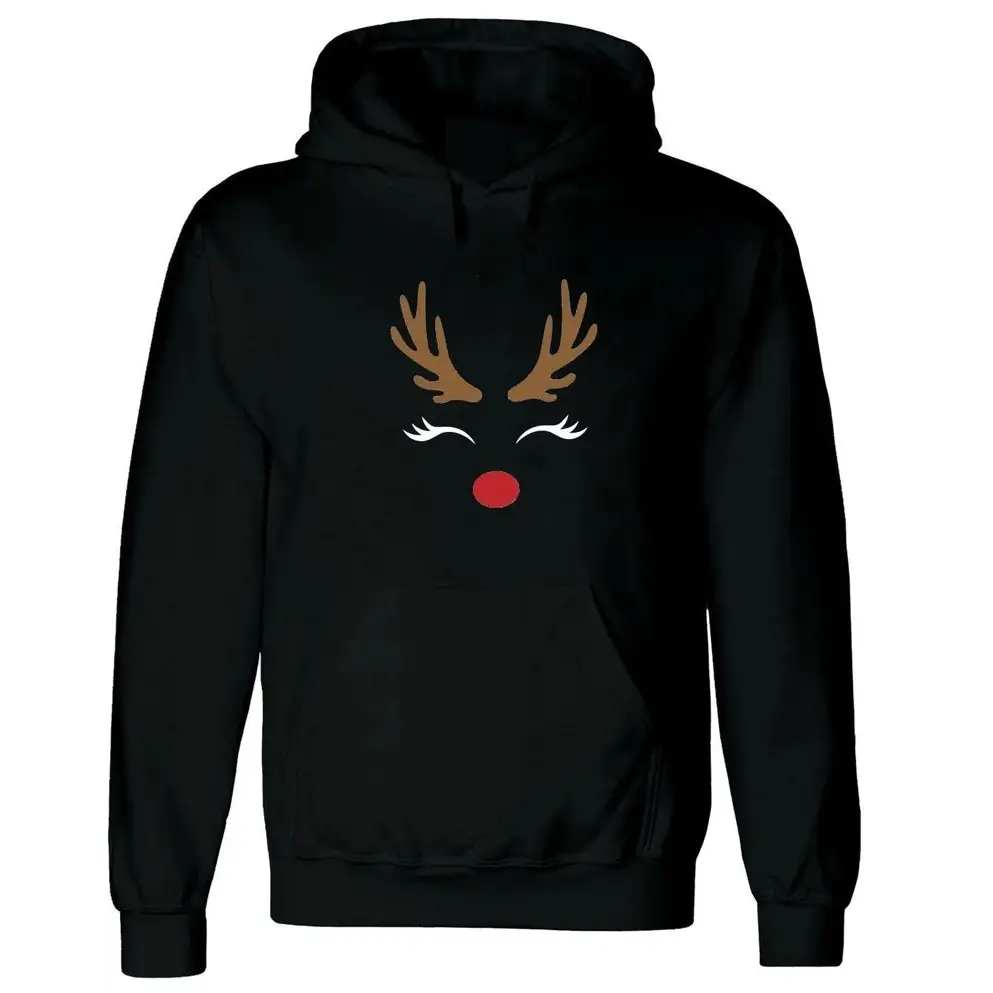 Black hoodie with minimalist reindeer face design for Autumn And Winter fashion.
