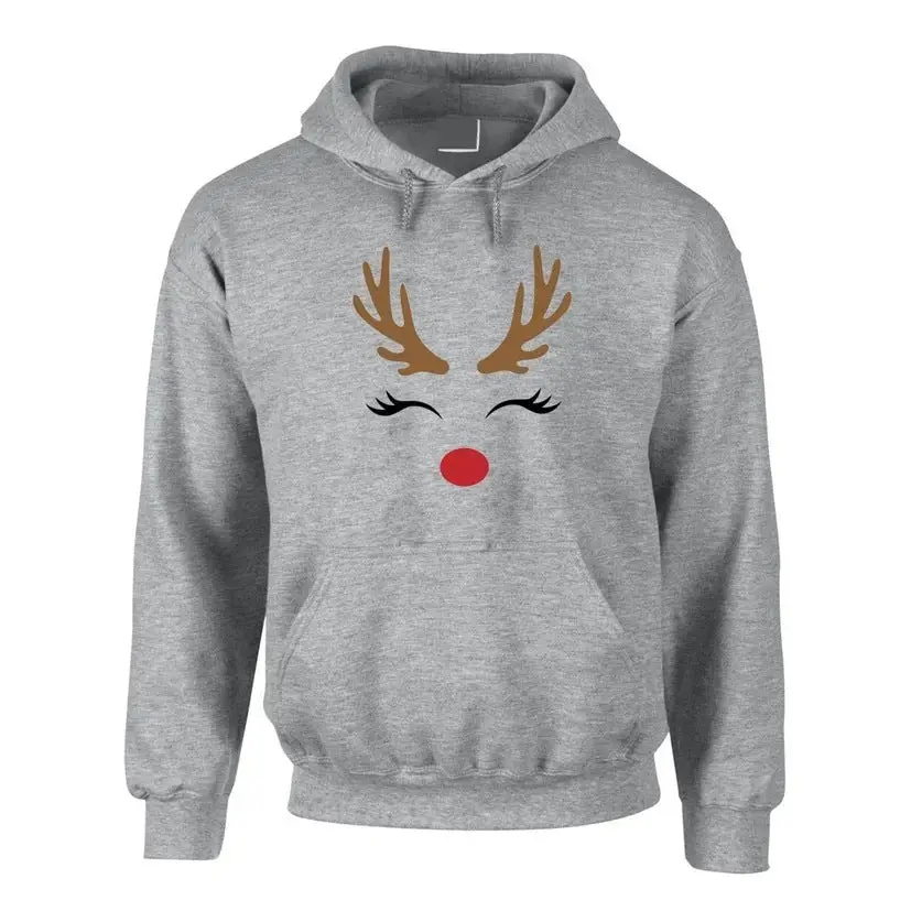 Grey Hooded Sweatshirt with Reindeer Face Design for Autumn and Winter Hoodie Collection