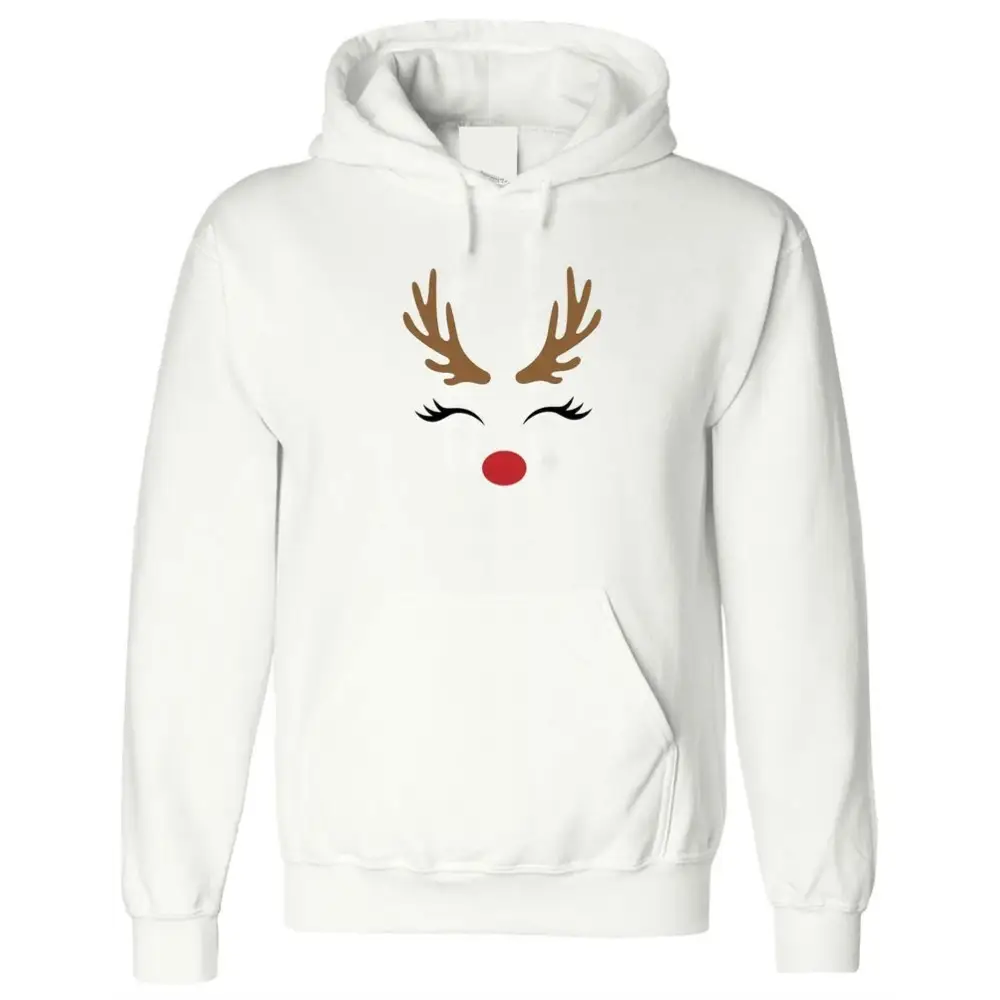 White hoodie with reindeer design for Autumn and Winter, ideal for festive style.