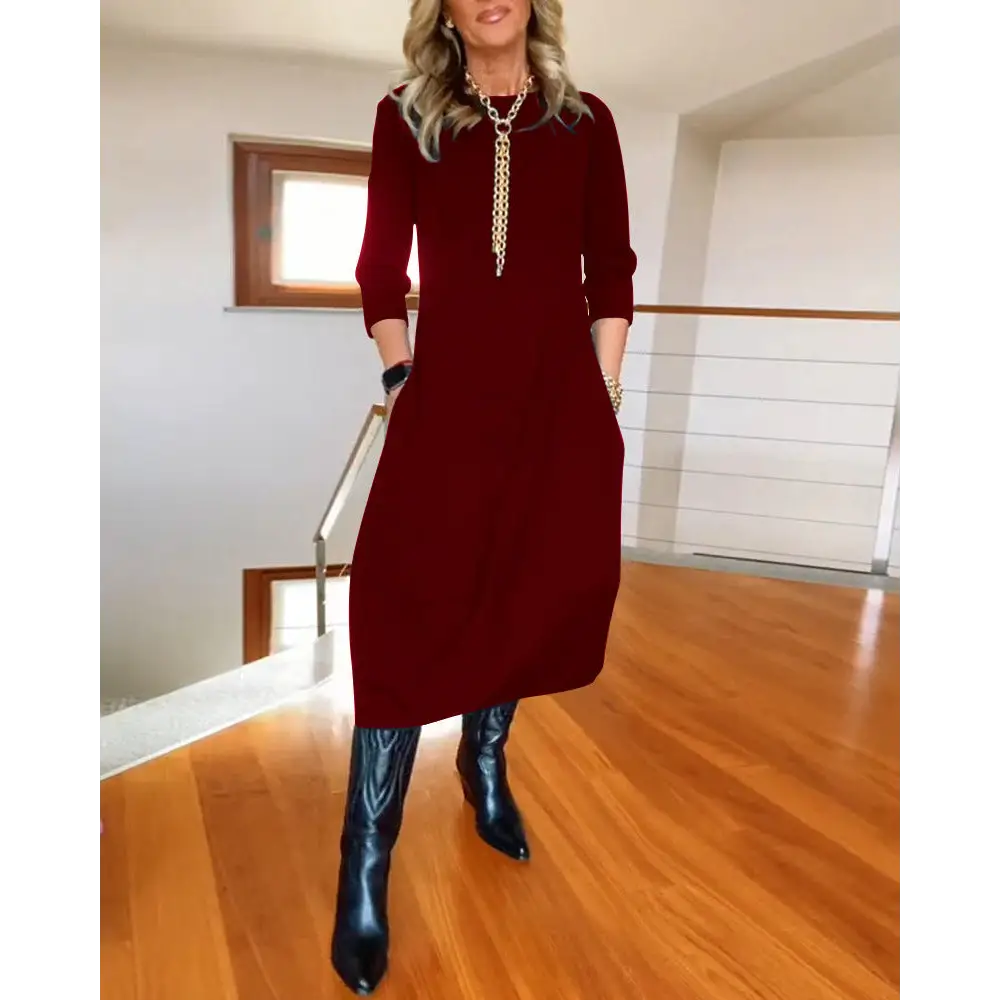 Autumn And Winter New All-matching Solid Color Loose Round-neck Long-sleeved Dress Women - Wine Red / S
