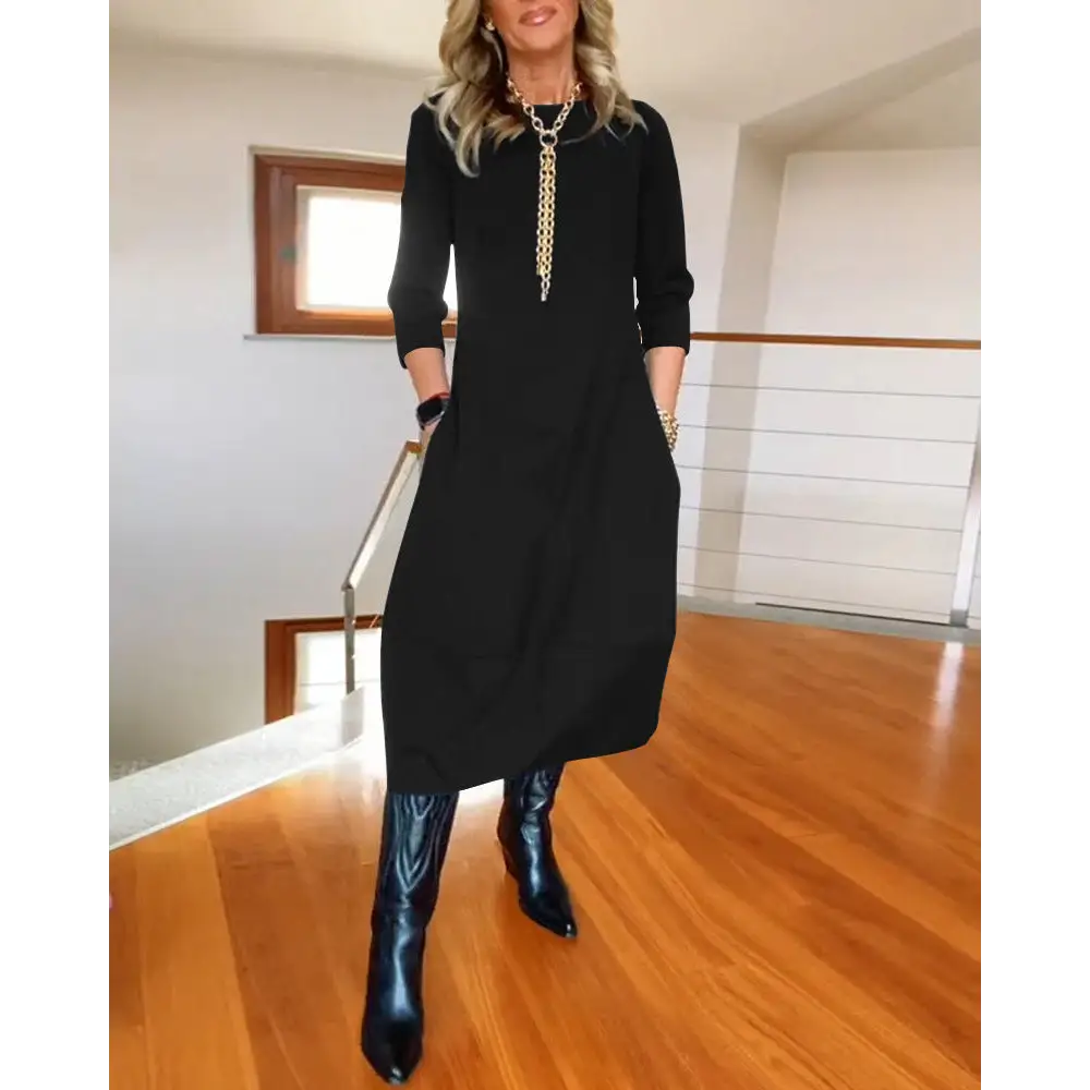 Autumn And Winter New All-matching Solid Color Loose Round-neck Long-sleeved Dress Women - Black / S