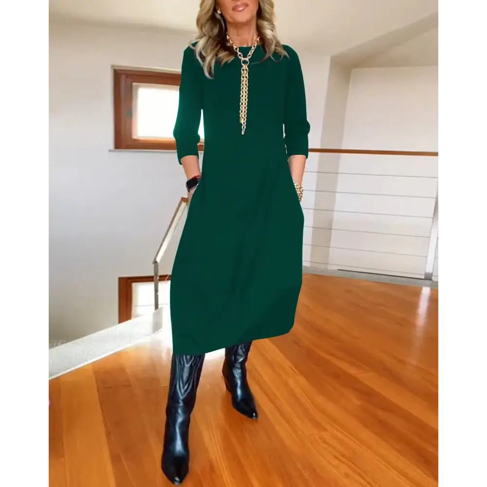 Autumn And Winter New All-matching Solid Color Loose Round-neck Long-sleeved Dress Women - Green / S