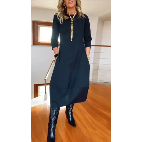Autumn And Winter New All-matching Solid Color Loose Round-neck Long-sleeved Dress Women - Navy Blue / S