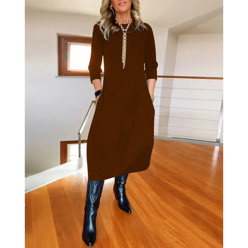 Autumn And Winter New All-matching Solid Color Loose Round-neck Long-sleeved Dress Women - Brown / S