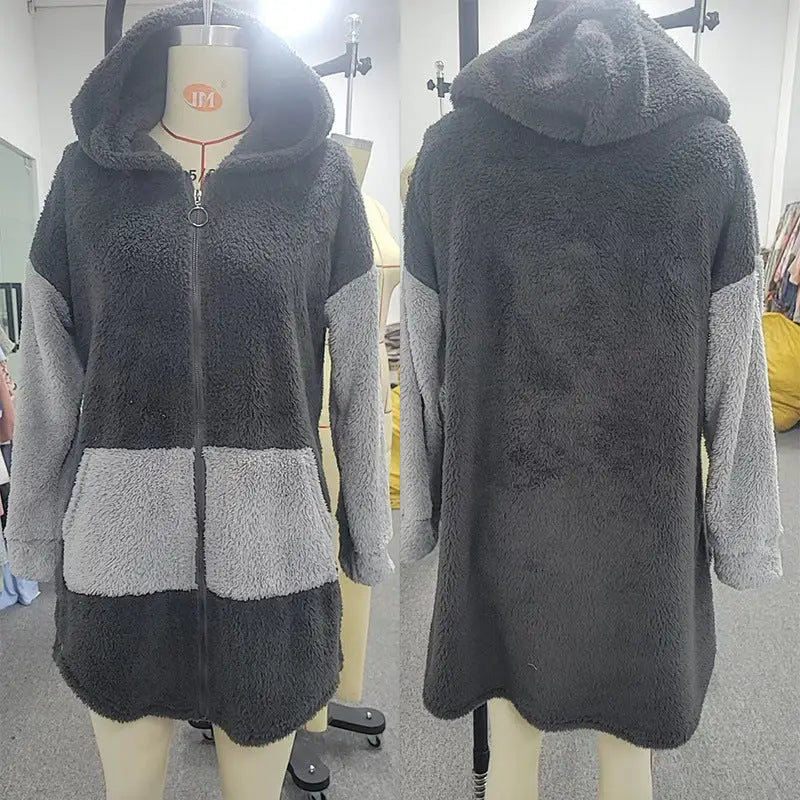 Autumn And Winter Stitching Contrast Color Double-sided Velvet Hooded Jacket Zipper Cloak Tops Warm Women - Gray / S