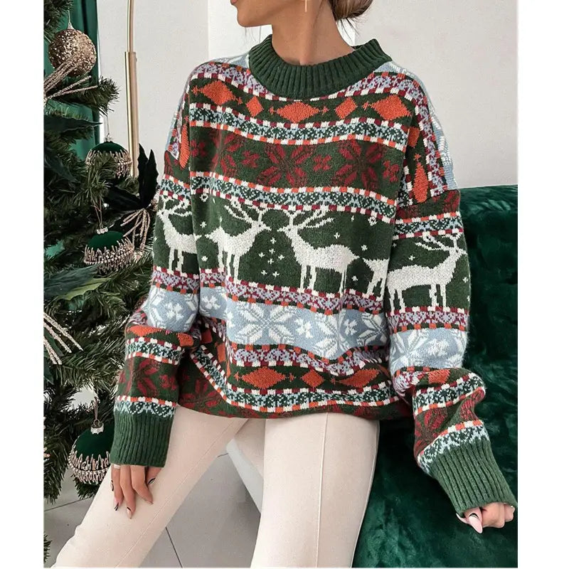 Women’s Fashion Round Neck Loose Christmas Theme Jacquard Long Sleeve Sweater