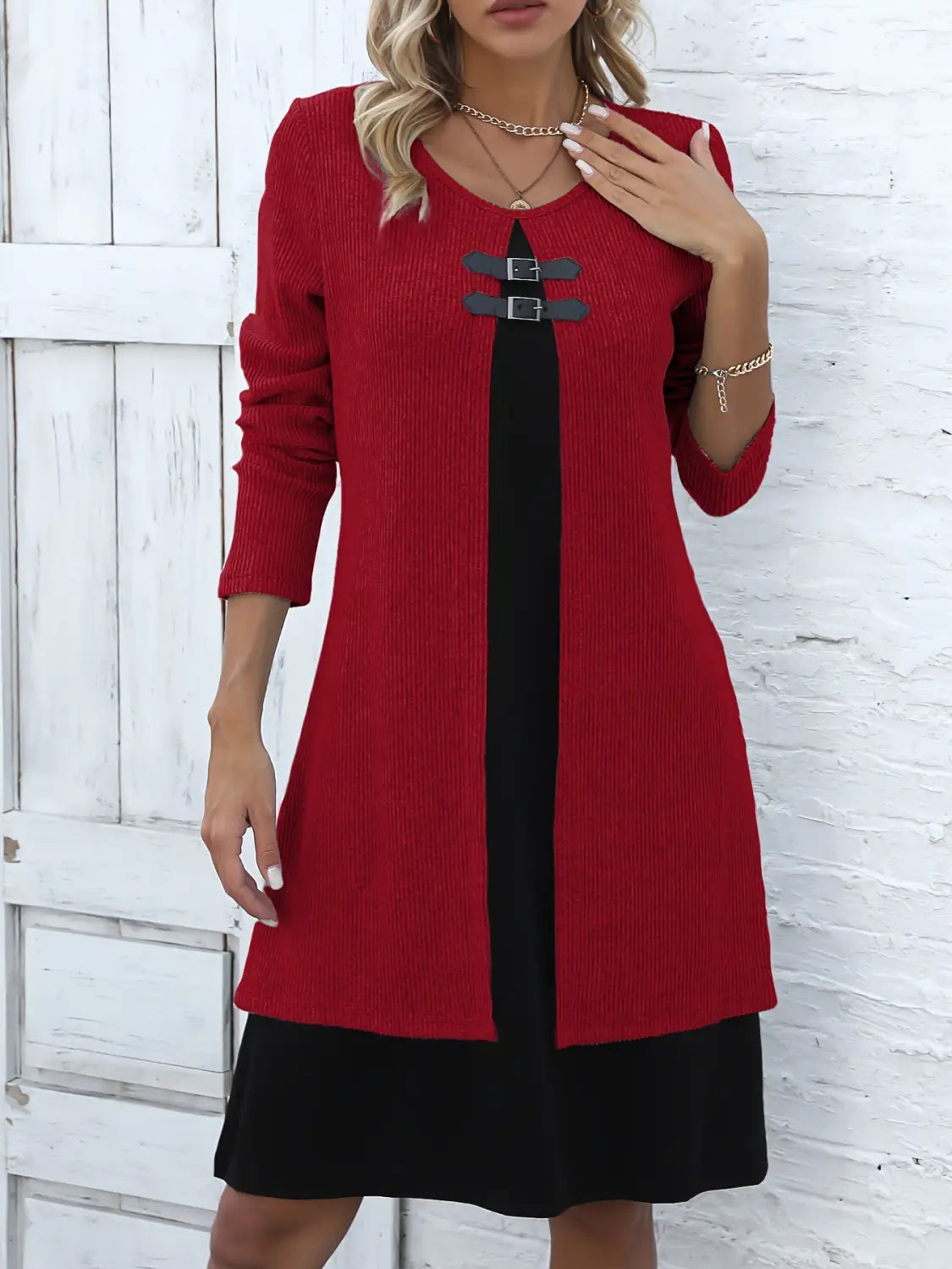 Contrast-color Sweater Dress With Buckle Design Fashion Round-neck Long-sleeved A-line Dresses Fall Wainter Women’s