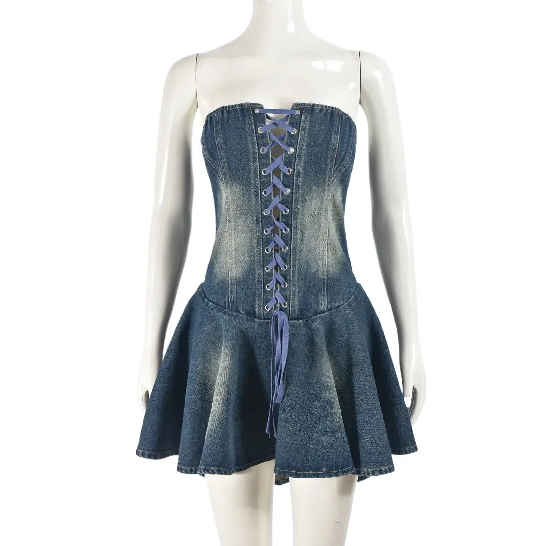 Women’s Zipper Lace-up Chest Wrap Short Denim Dress