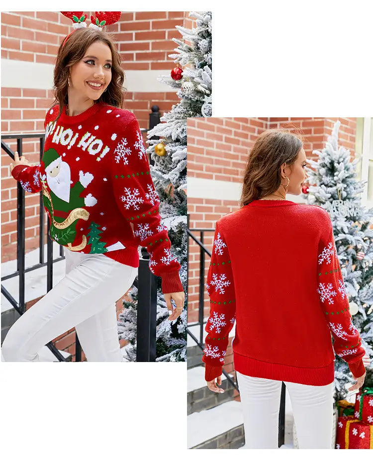 Knited Christmas Sweaters With Santa Claus Patterns Tops Winter Sweet Christmas Snowflake Pullovers For Women Clothes