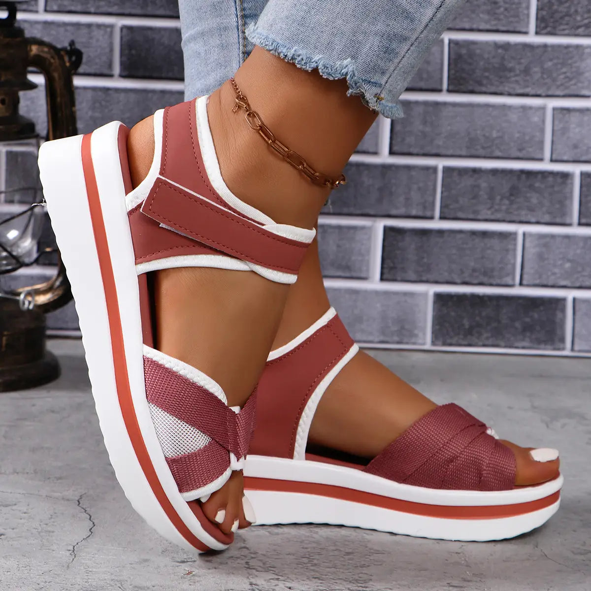 Summer Mesh Cross-strap Sandals With Velcro-design Thick Sole Flats Beach Shoes Women