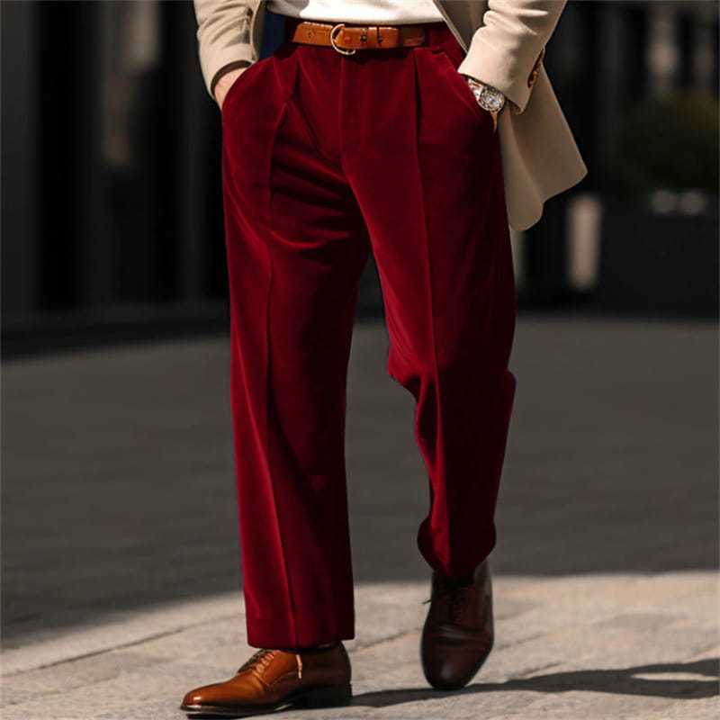 Men’s Formal Velvet Front Pocket Straight Trousers