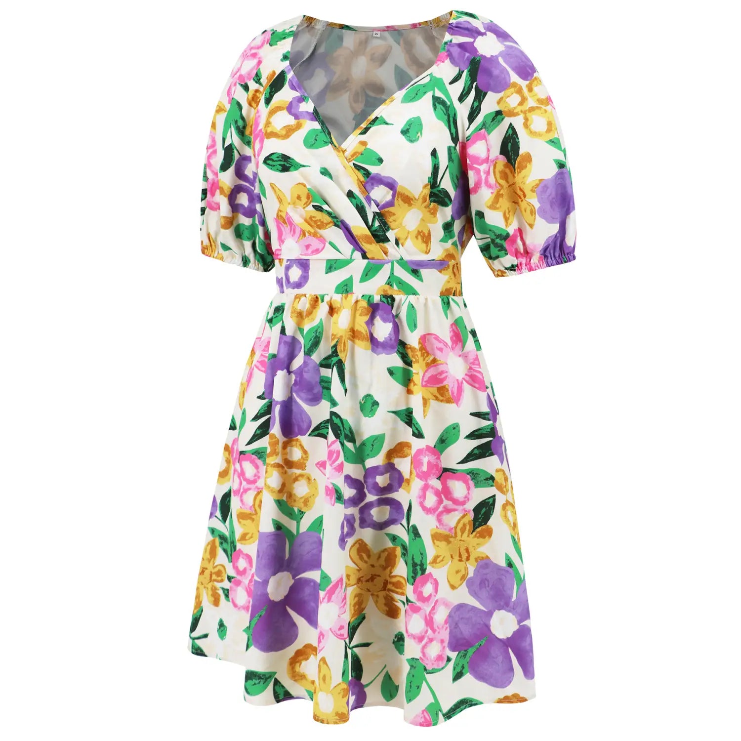 Flowers Print V-Neck Lantern-sleeve Dress Y2K Summer Vacation Beach Short Dresses Fashion Womens Clothing