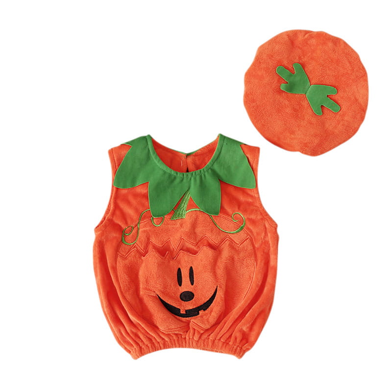 Boys And Girls Sleeveless Pumpkin Shaped Pocket Jacket Hat Two-piece Children’s Wear