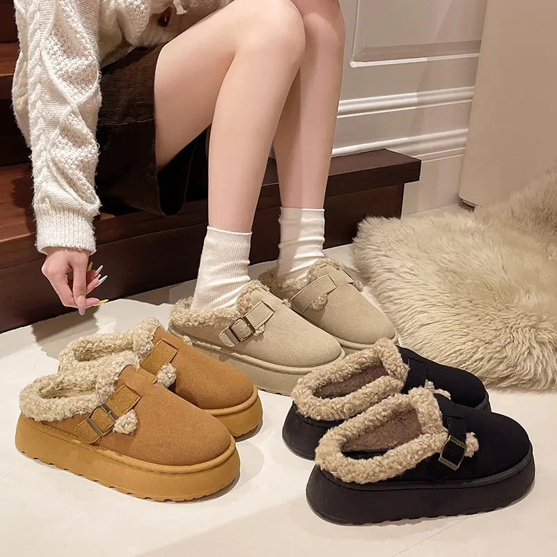 New Luxury Winter Women’s Shoes Plush Fashion Retro Bean Shoes Cotton Women’s Flat Sole Slippers Platform Women Boots