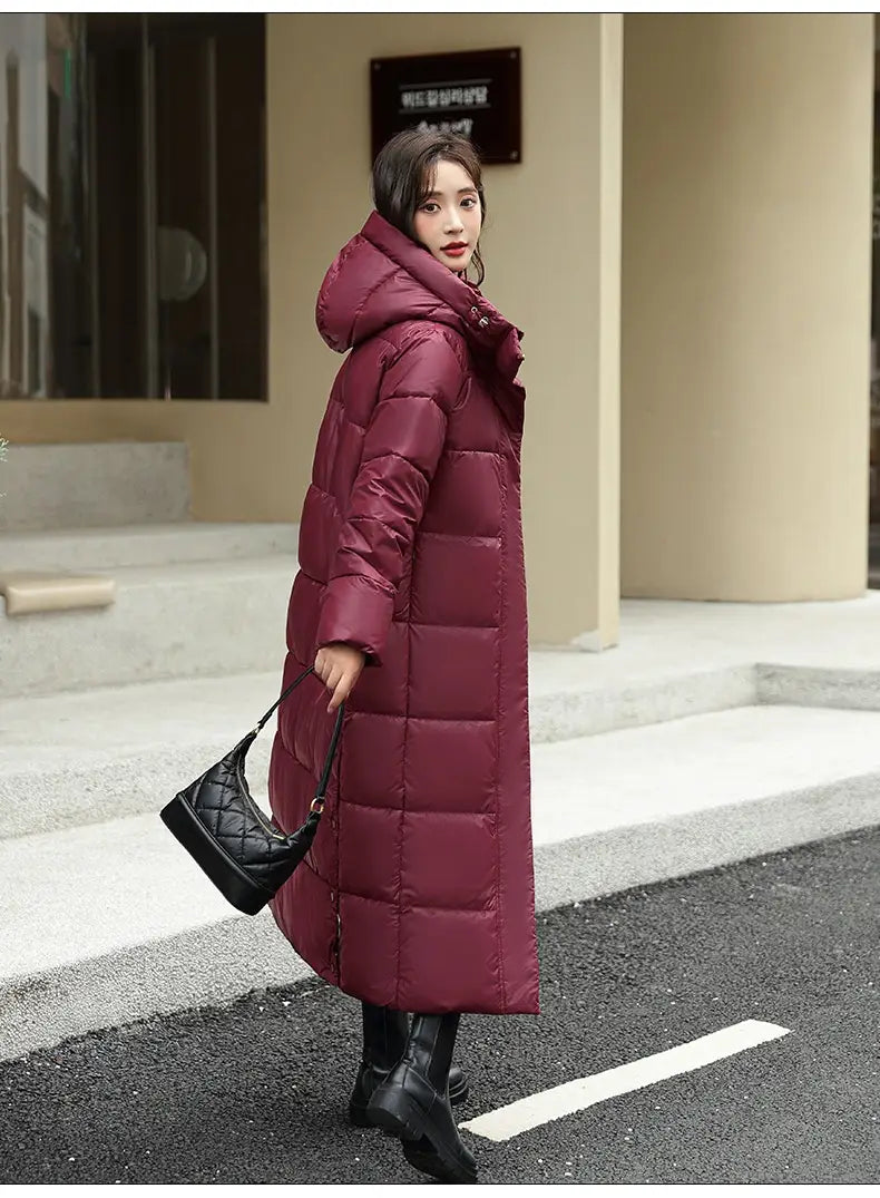 Women’s Super Long Down Jacket Winter Puffer Thick Coat Black Red Hooded Zipper Keep Warm Fall Winter Casual Clothes