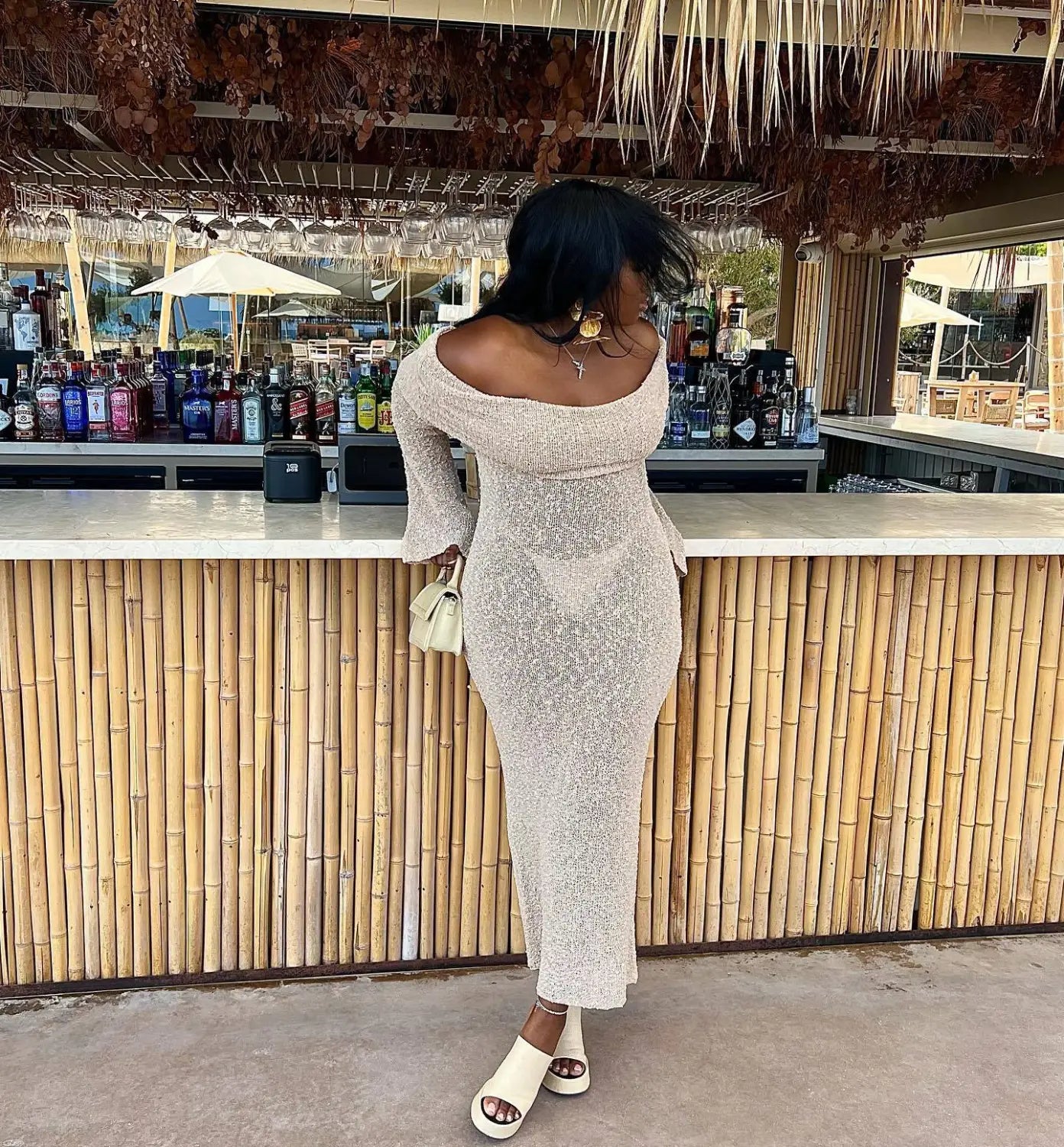 New One-shoulder Knitted Long-sleeved Dress Sexy Beach Holiday Long Dresses Womens Clothing