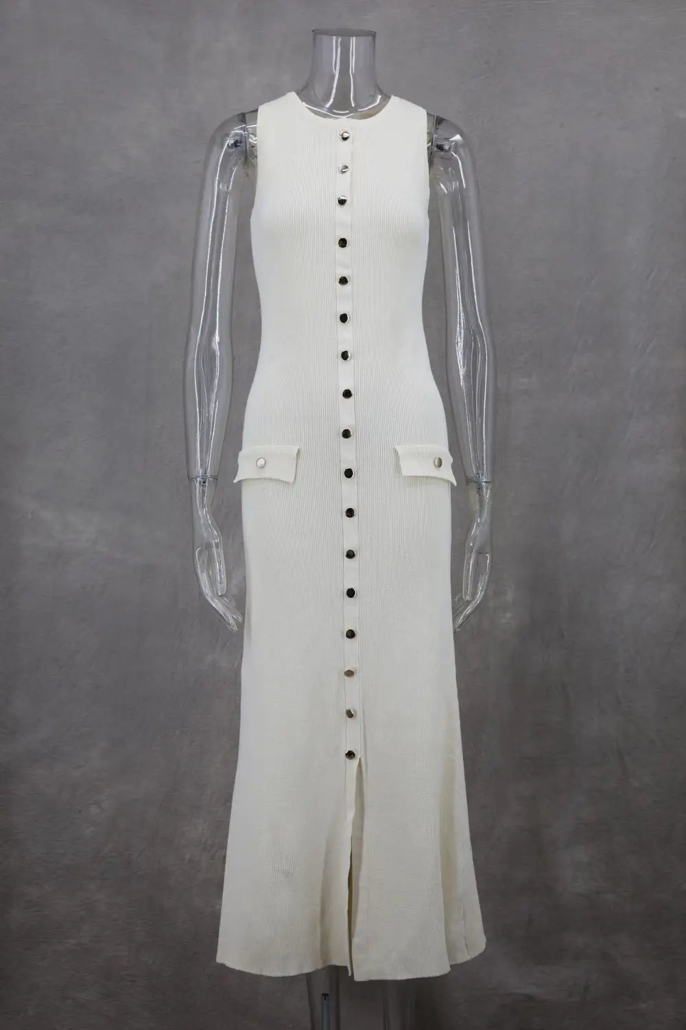 Elegant Knitted Sleeveless Dress With Single Breast Fashion Slim Round Neck Long Dresses Womens Clothing