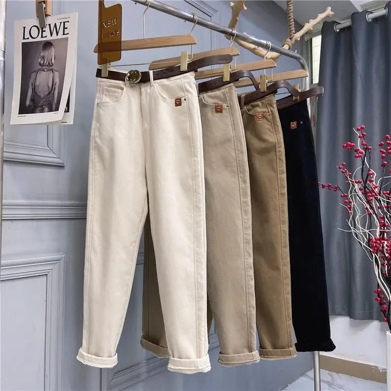 Plus Size Women’s High Waist Denim Thick Trousers
