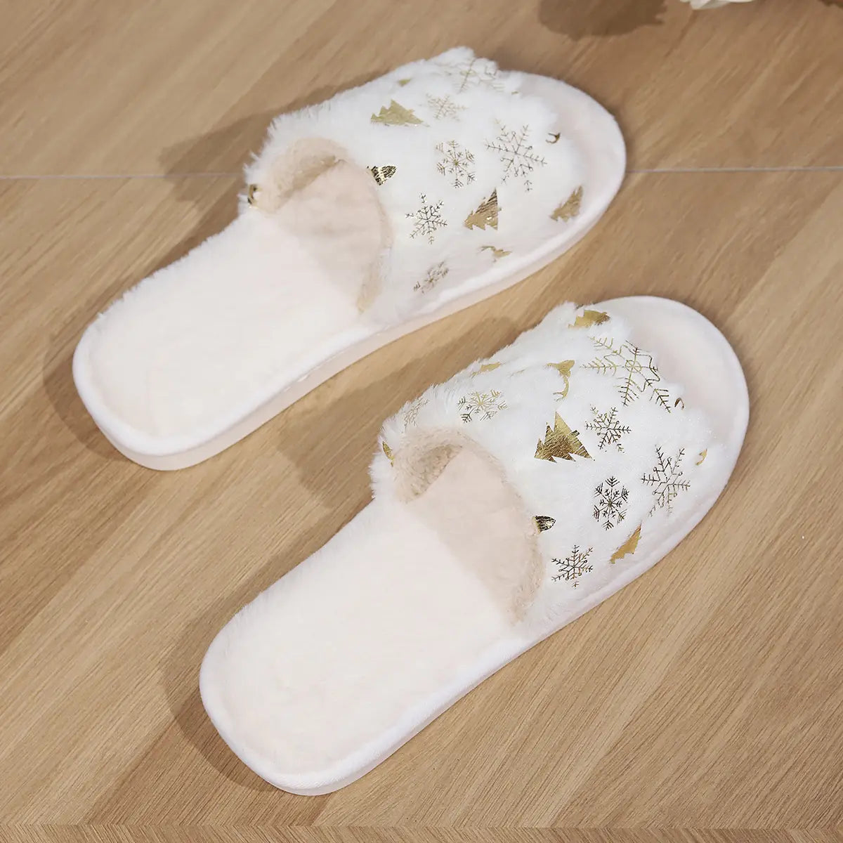 Christmas Plush Slippers Fashion Open-toed Home Slipper Indoor Warm Non-slip Floor Bedroom House Shoes For Couples