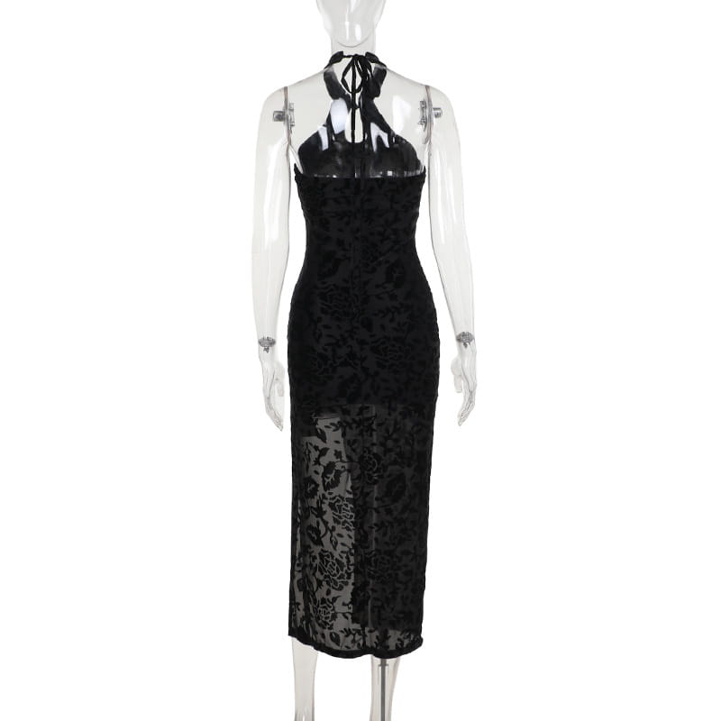 Flock Printing Slit Cheongsam Dress Women