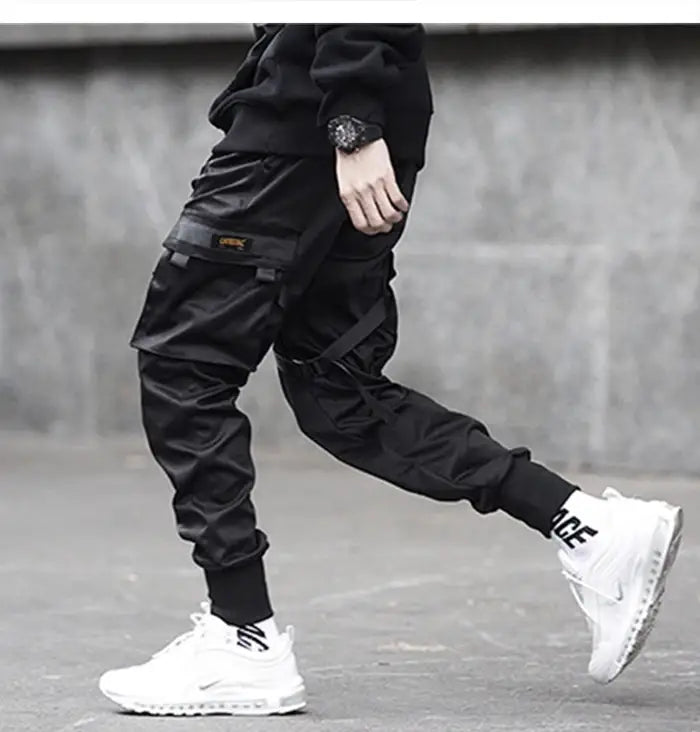 Ribbons Harem Joggers Men Cargo Pants Streetwear Hip Hop Casual Pockets Cotton Track Pants
