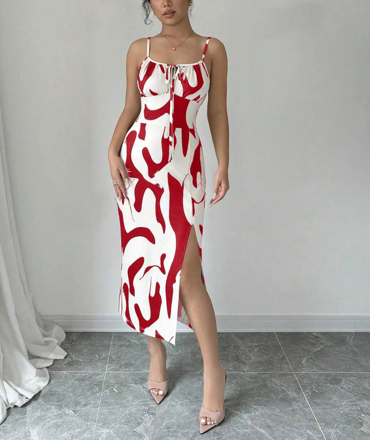 Summer Printed Suspender Split Dress Fashion Slim Lace-up Long Dresses For Women Clothing