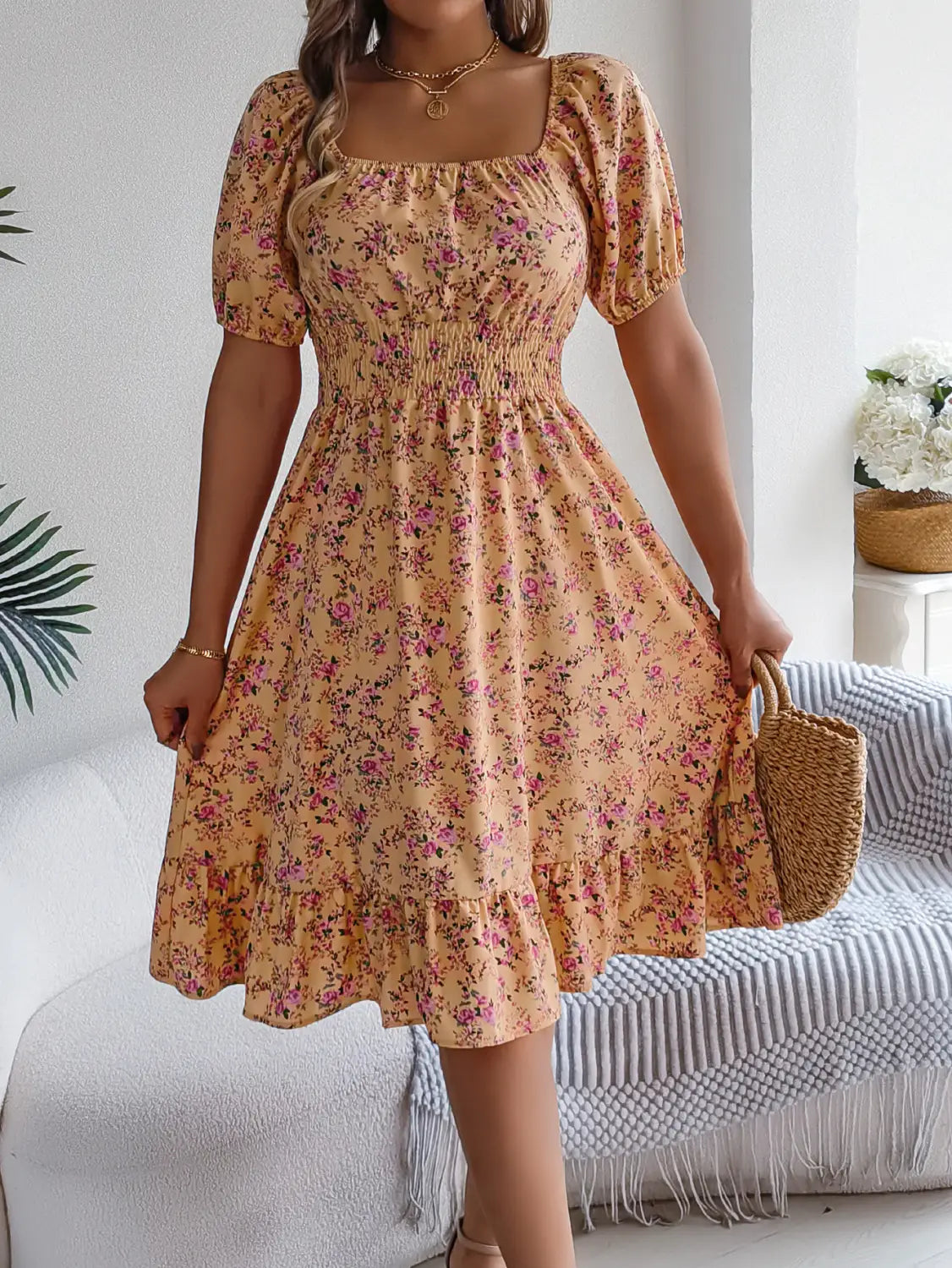 Floral Print Square Collar Dress Summer Fashion Ruffles Dresses Women’s Clothing