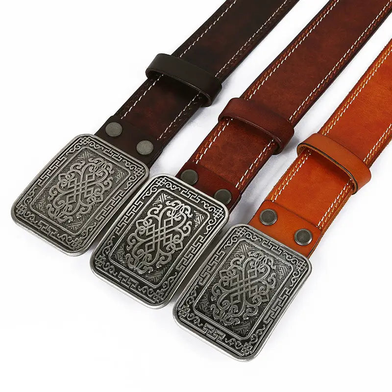 Three leather belts with ornate silver buckles from Auspicious Pattern Embossing.