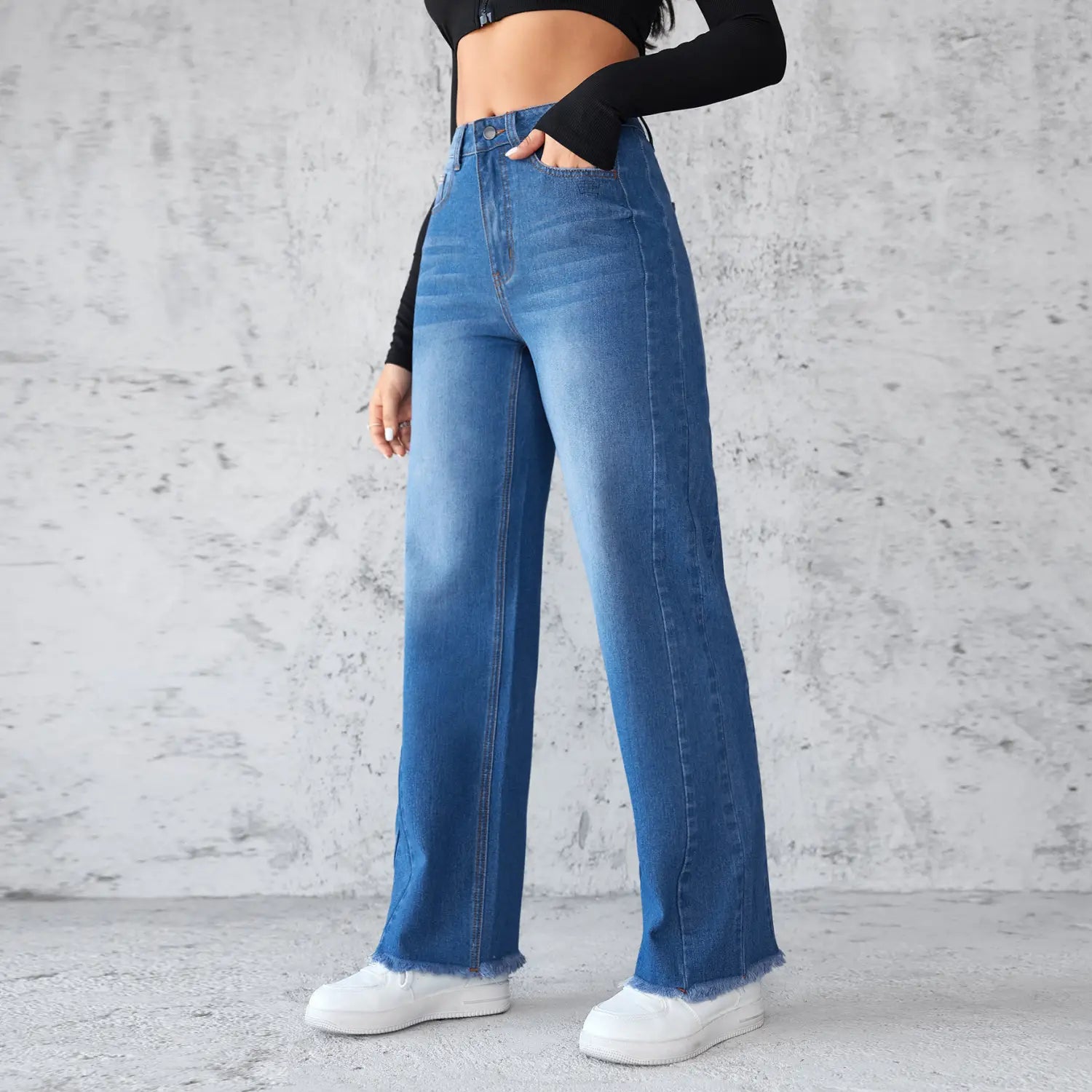 Fashion Straight Wide Leg Jeans Casual High Waist Non Elastic Women’s