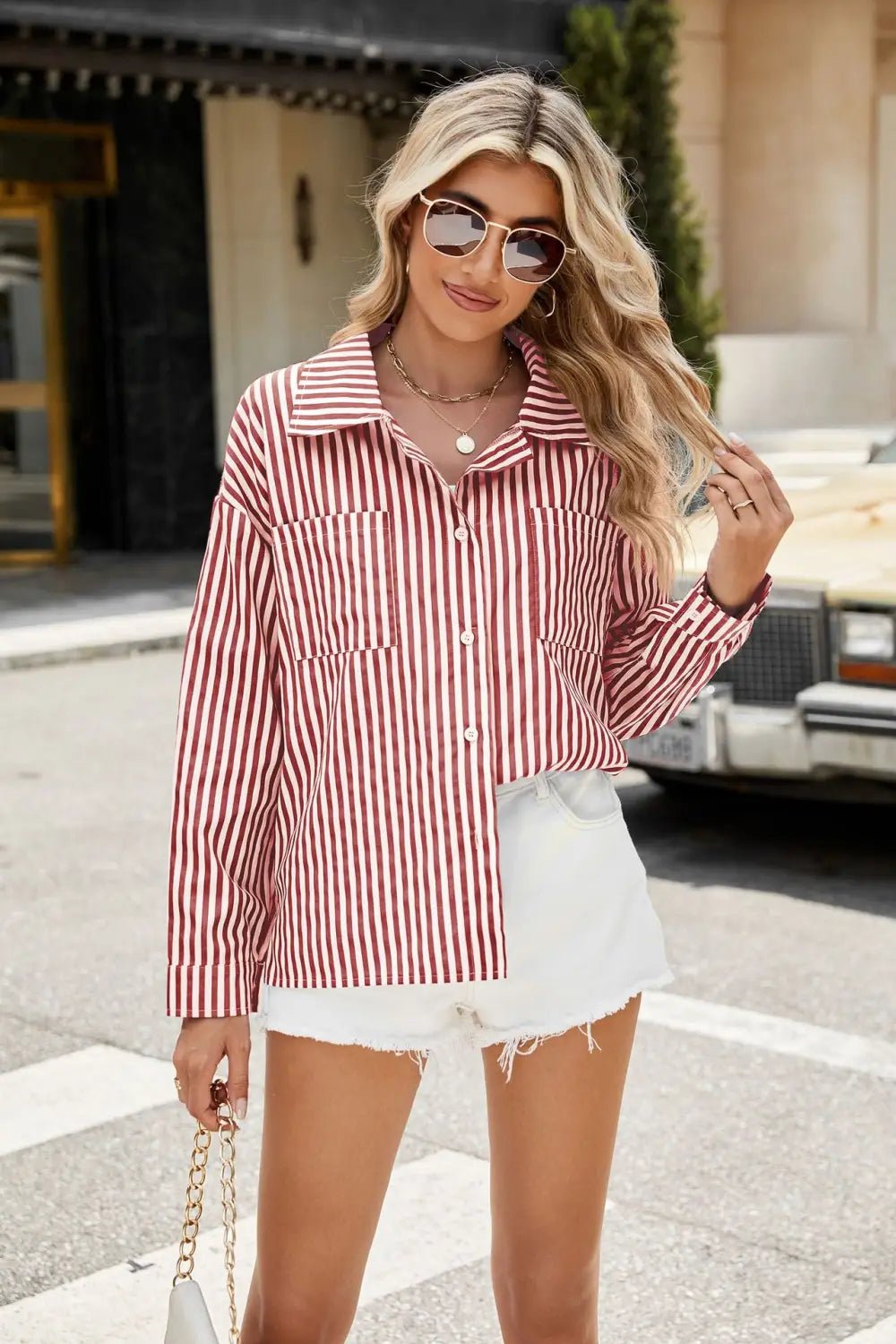 Fashion Striped Long Sleeve Shirt With Pockets Casual Loose Single-breasted Button Top Women Clothing