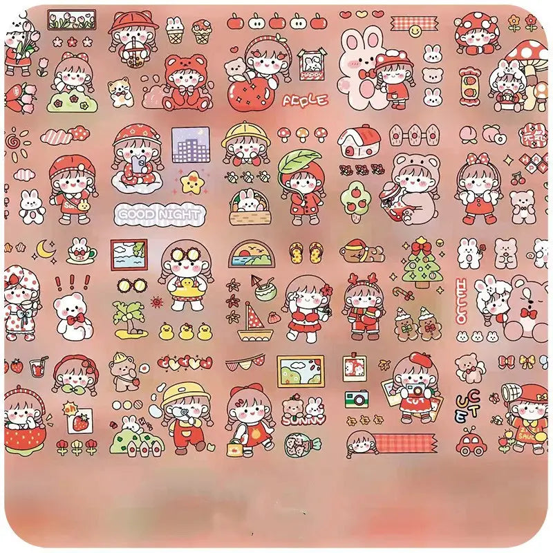 Waterproof Transparent 100 Sheets Sticker Set featuring a variety of cartoon stickers.