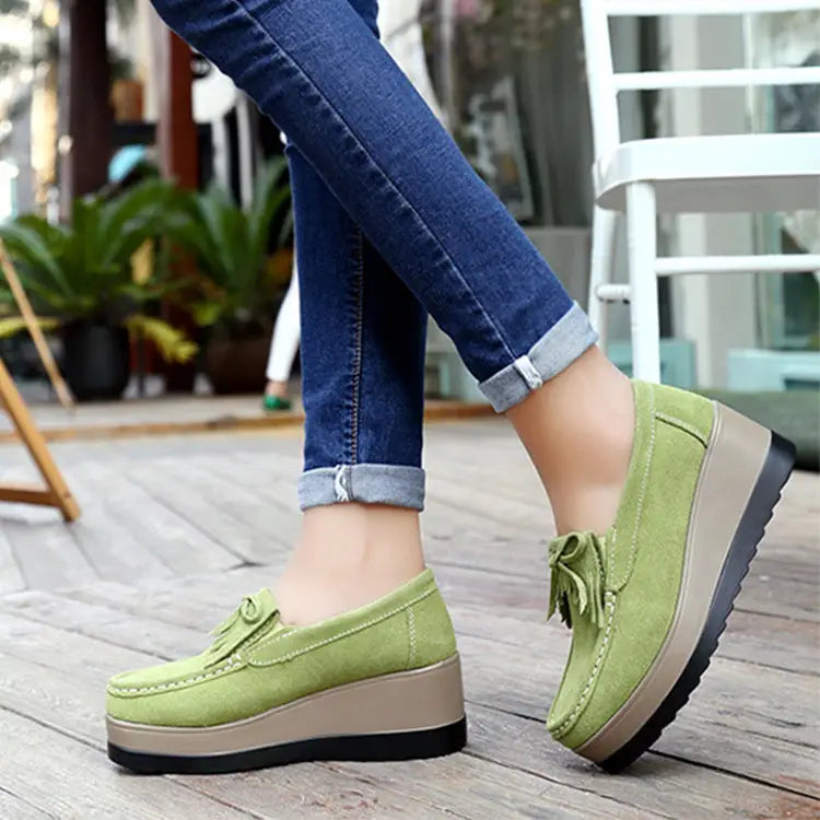 New Tassel Bow Design Shoes For Woman Fashion Thick Bottom Wedges Shoes Casual Slip On Solid Color Flats