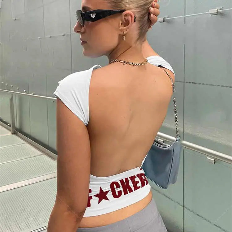 Backless Short Sleeve White Y2K Clothes Crop Top Women Aesth - Beyond Trends Hub 