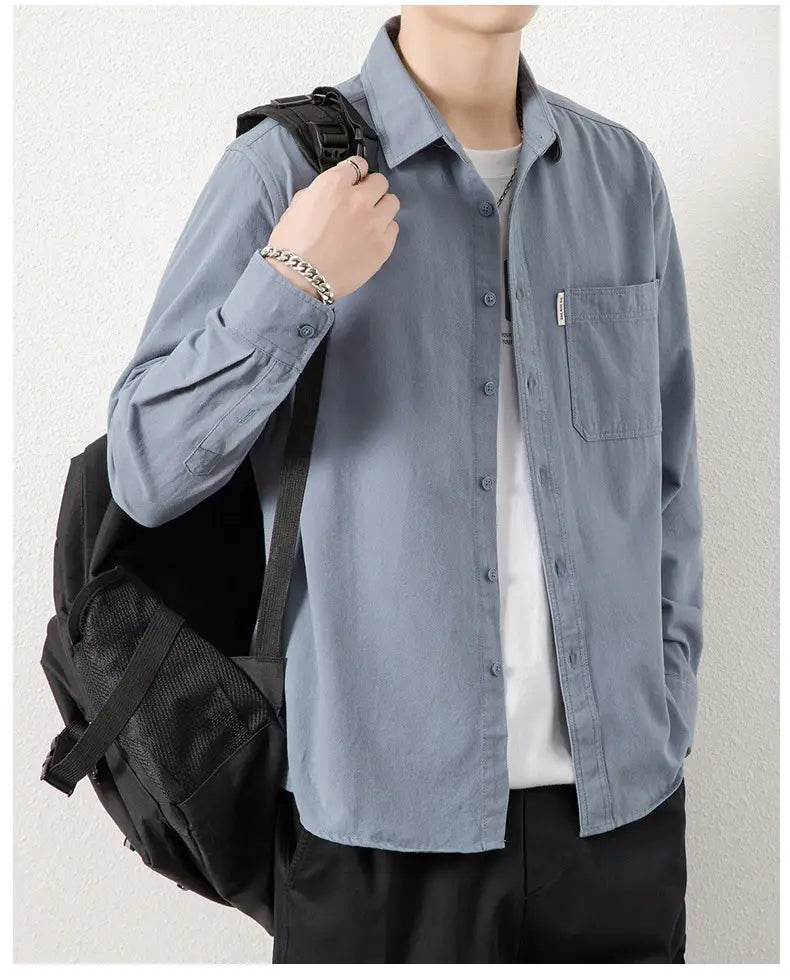 Solid Color Lapel Long Sleeve Shirt With Pockets Loose Casual Jacket Shirt Men’s Tops Clothing